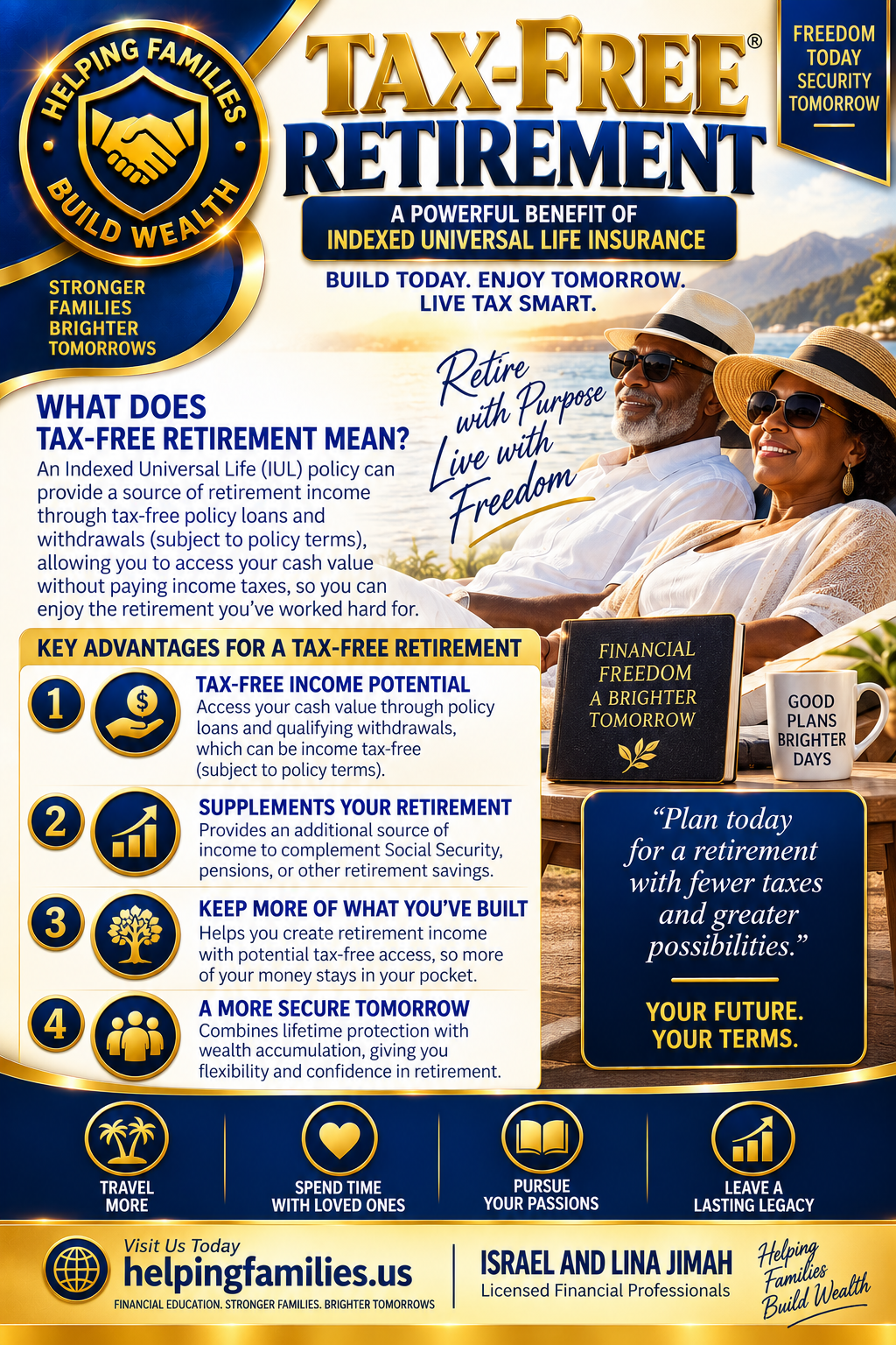 Tax-free retirement income infographic showing IUL tax-free income strategies